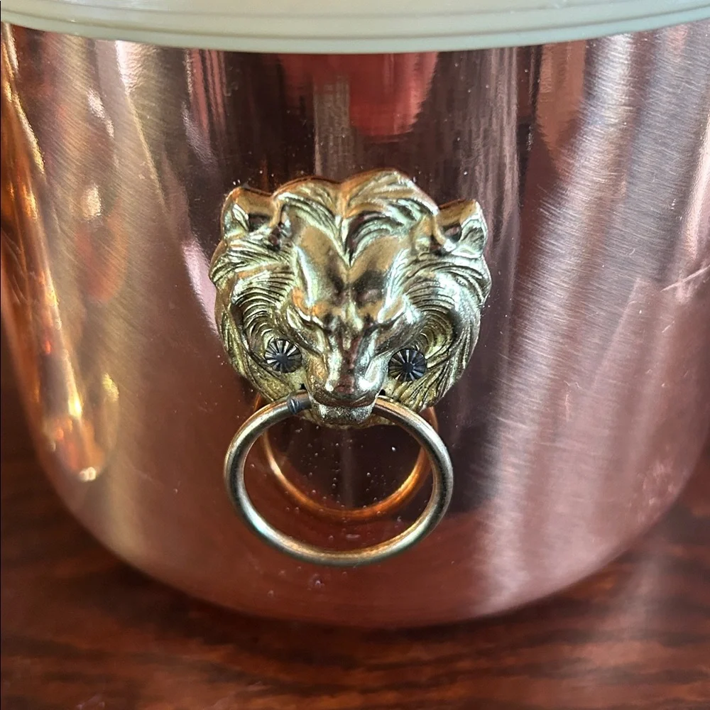 Vintage Copper and Brass Ice Bucket with Lion Head Handles